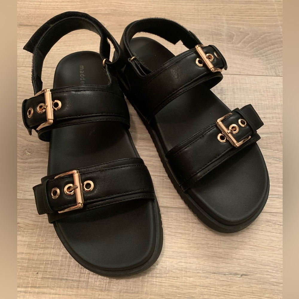 Madden Girl Black Sandals with Gold Buckles